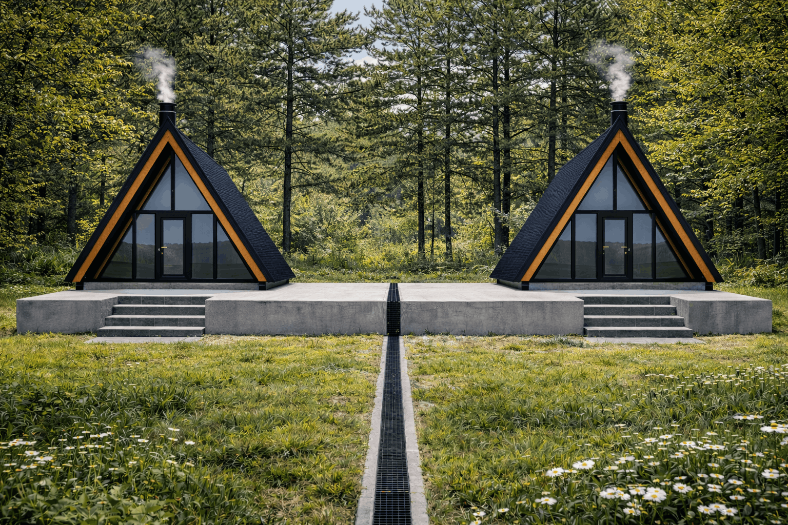 Two modern A-frame cabins with black roofs and glass doors, separated by a concrete platform and a black metal drainage grate, surrounded by green grass, wildflowers, and a dense forest of tall trees in the background.