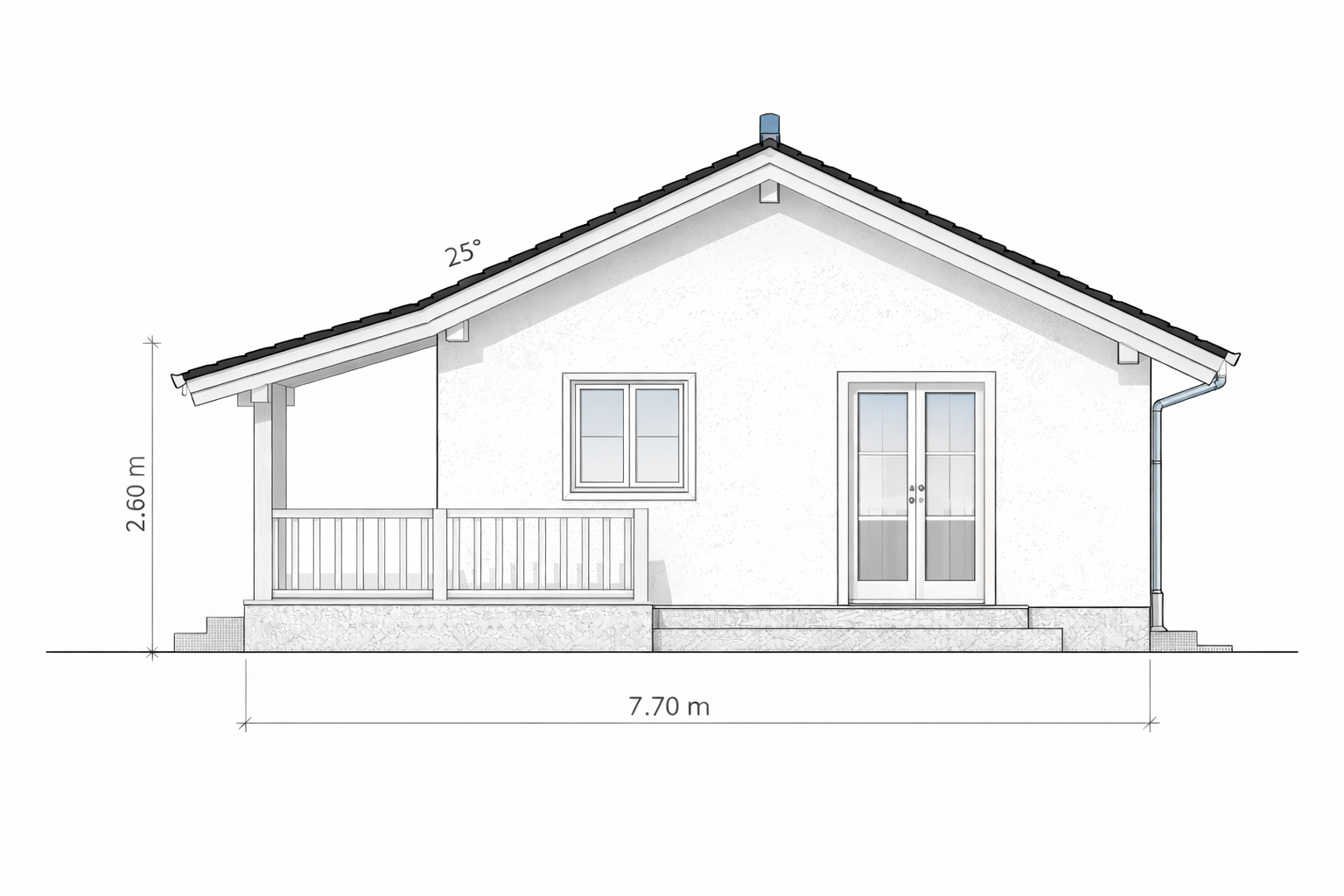 Architectural drawing of a single-story house with a pitched roof, front porch, front door with glass panels, and a window, with dimensions of 7.70 meters wide and 2.60 meters high, and a 25-degree roof pitch.