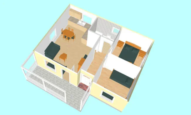 3D floor plan of a small house with a living room, dining area, kitchen, two bedrooms, and a bathroom.