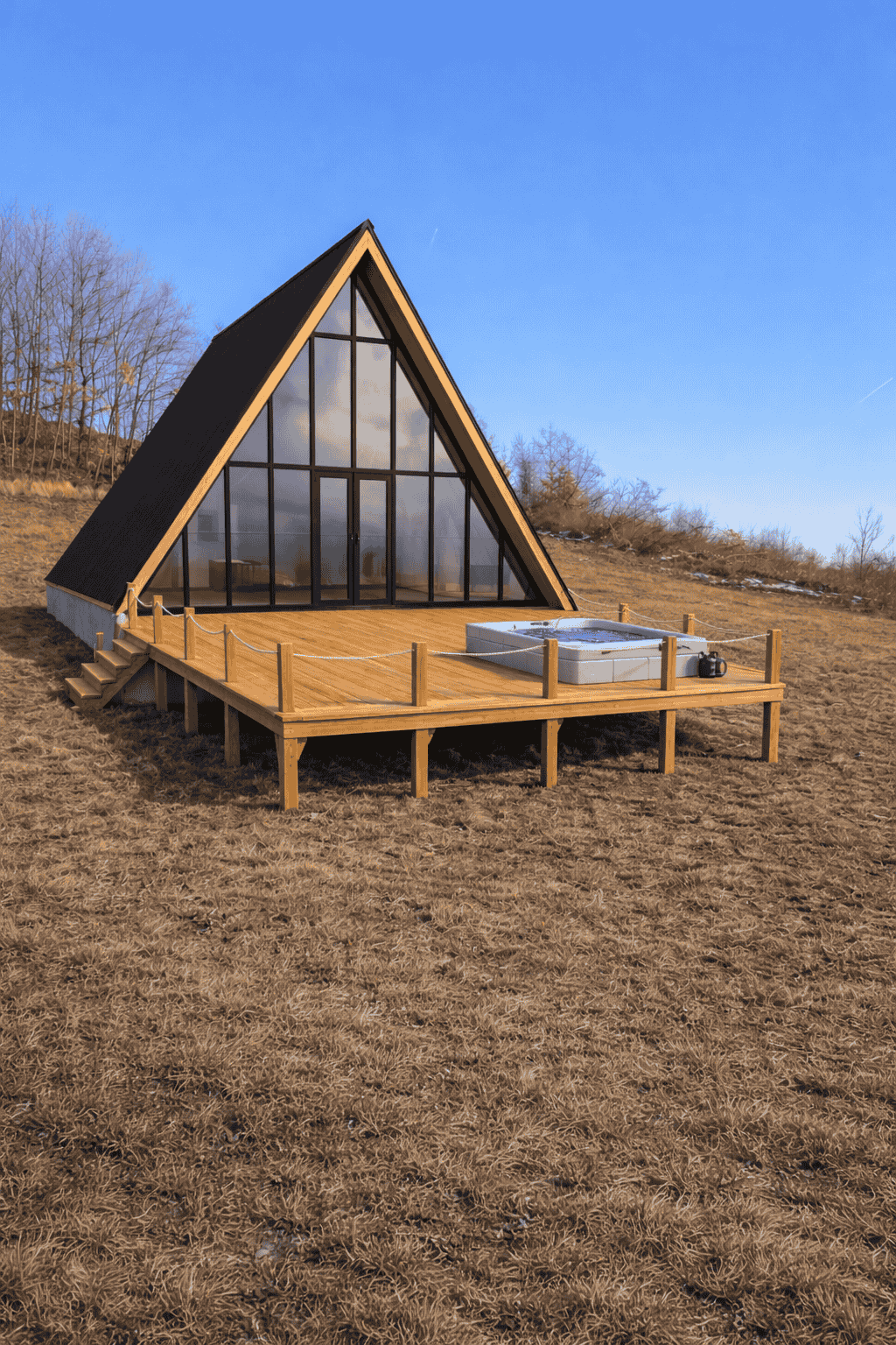 A modern A-frame cabin with large glass windows, a wooden deck, and a hot tub outdoors on a grassy hillside under a blue sky.