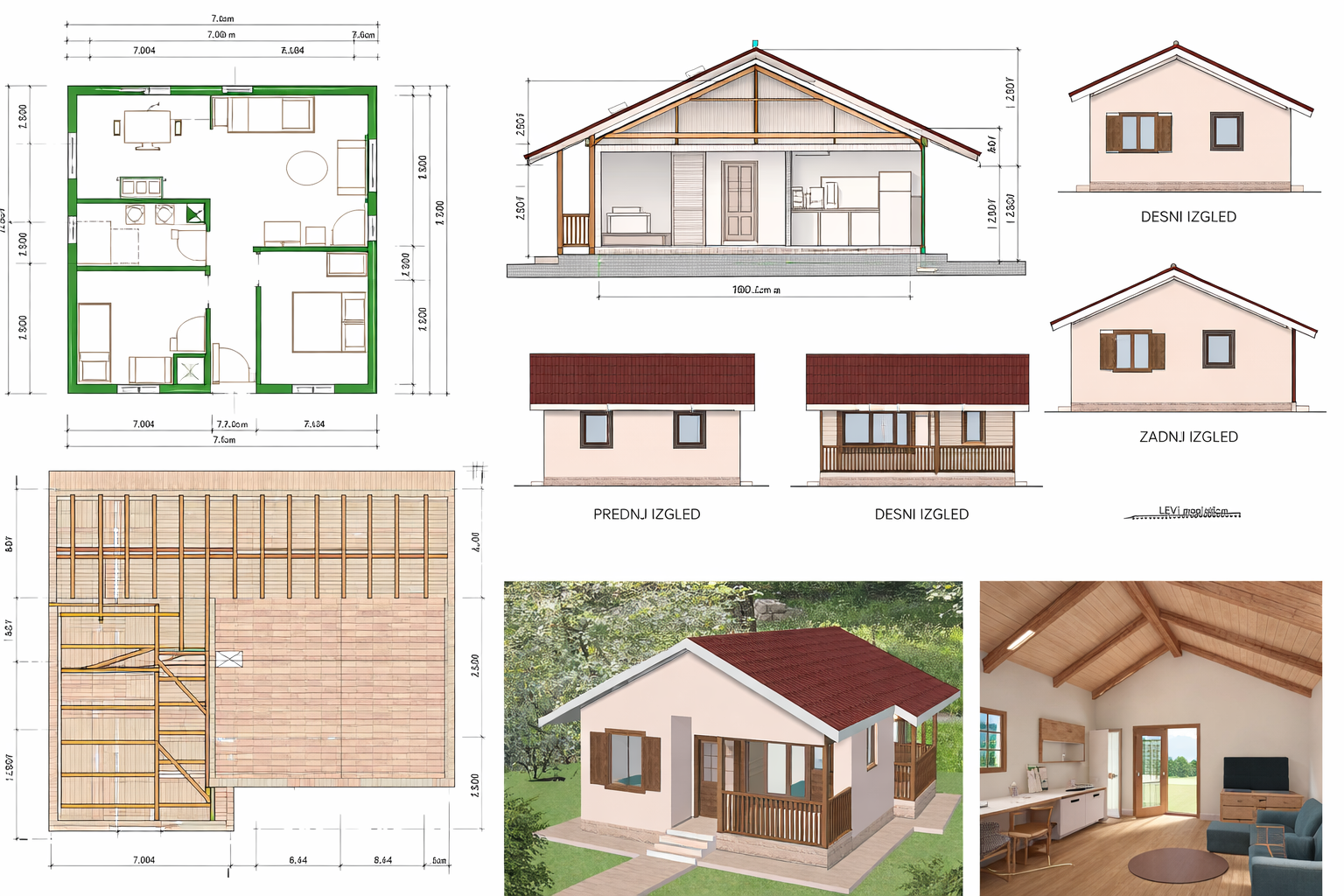 Architectural plans and 3D renderings of a small house, including interior and exterior views, floor plan, side, front, and back elevations, and roof construction details.