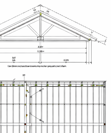 Architectural plans for a building framework, showing roof trusses and structural framing details with measurements.