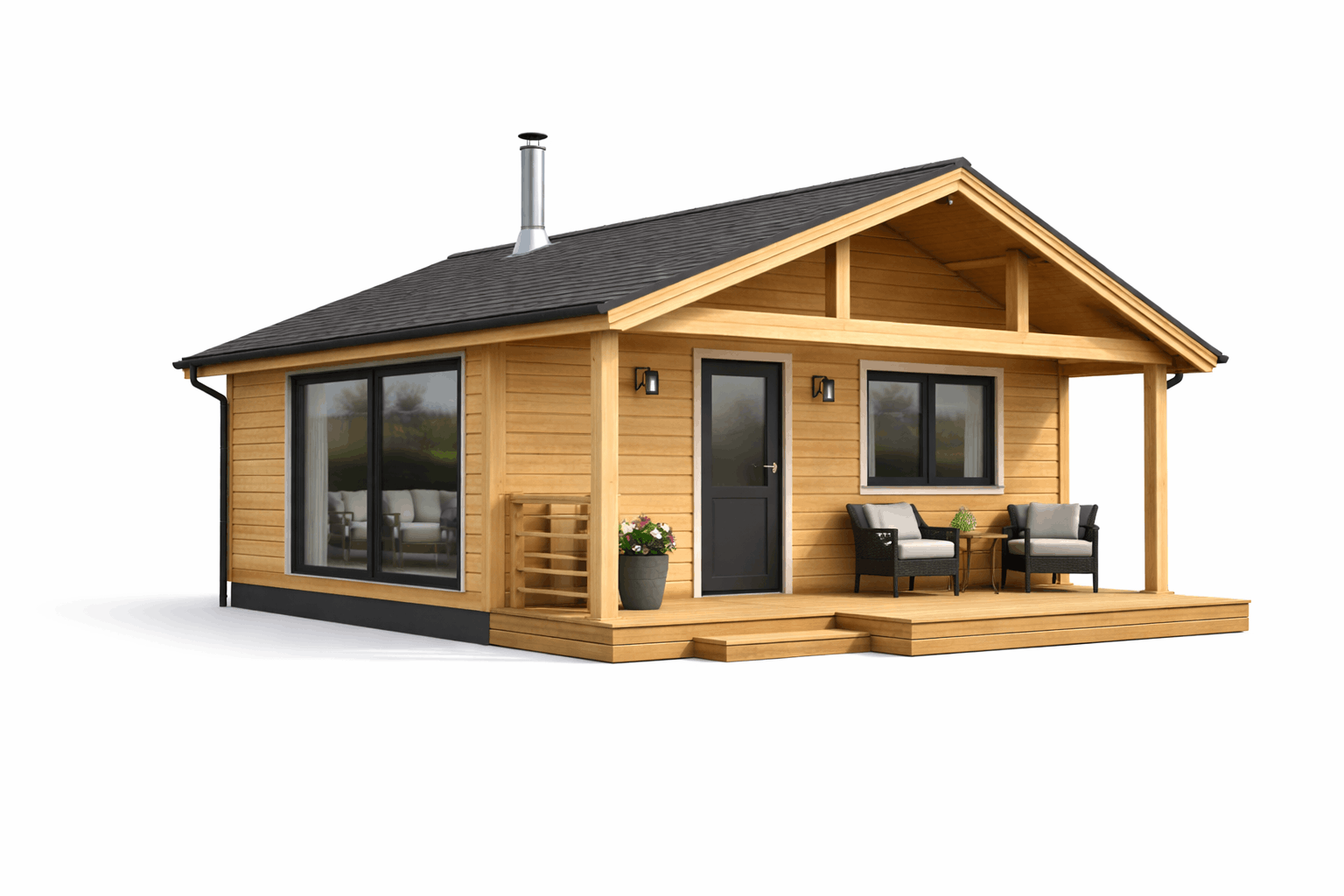 A small wooden house with a porch, black front door, large window, patio furniture, and a flower pot, set against a plain white background.