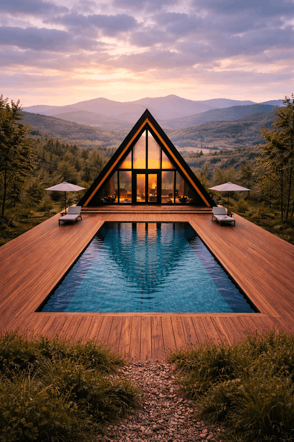 Aidea triangular glass-fronted house with an A-frame roof, a swimming pool in front, and mountain views at sunset.
