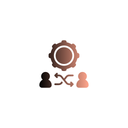 Icon of three people surrounding a gear, representing teamwork or collaboration.