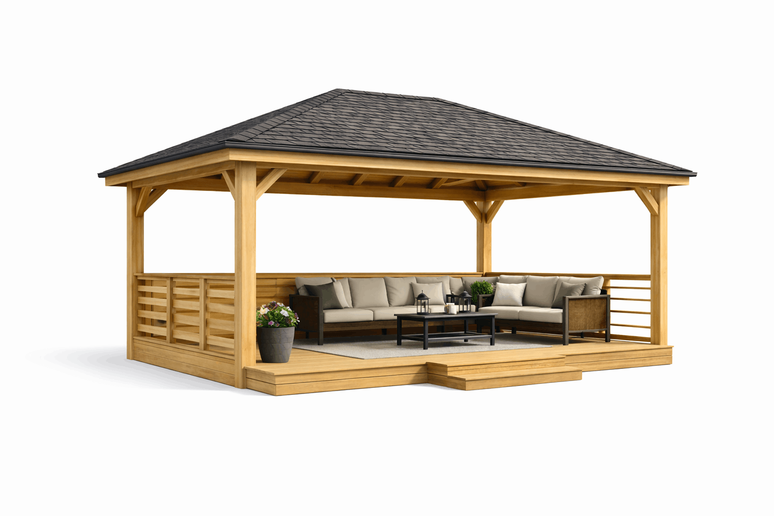 A wooden outdoor gazebo with a shingled roof, beige cushioned sectional sofa, black coffee table, potted plants, and lanterns, set on a raised wooden platform with small steps.