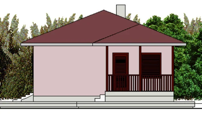 A simple two-story house with a brown gable roof, pink walls, and a small front porch with railing, set against green trees and bushes.