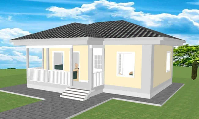 A small, single-story house with a yellow exterior, white trim, and a black shingle roof. It has a front porch with white railing, entry steps, and a pathway leading up to it. There are trees and a blue sky with clouds in the background.