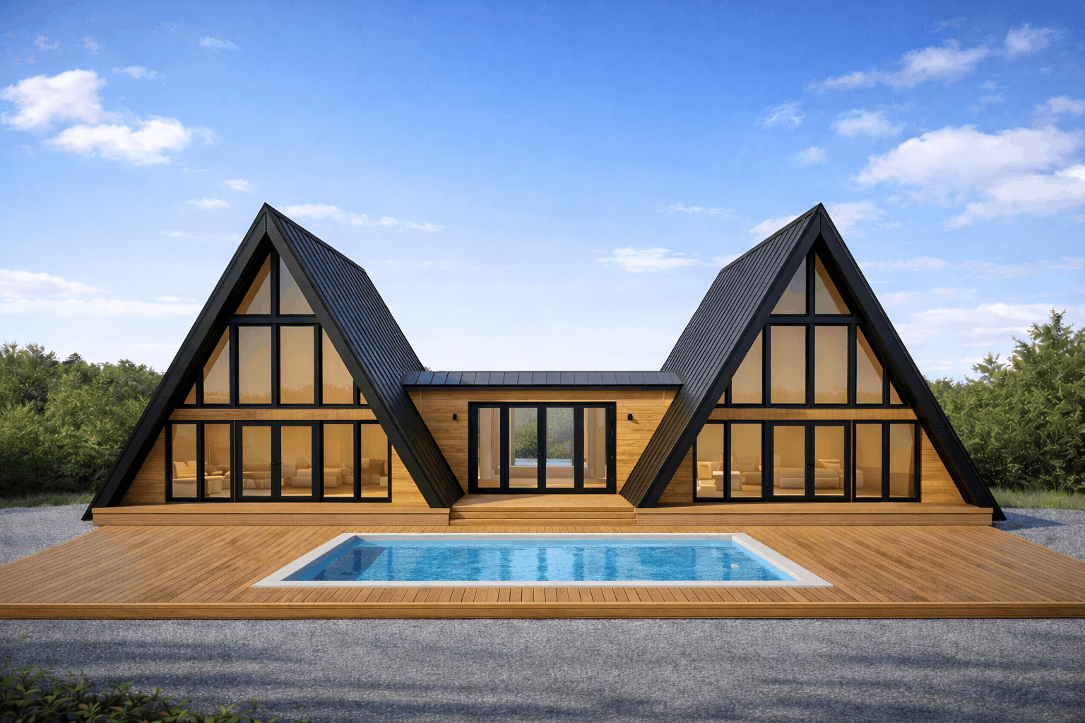 Modern A-frame house with black metal roof, large glass windows, a central wooden section, and a swimming pool on a wooden deck in outdoor setting with trees and blue sky.