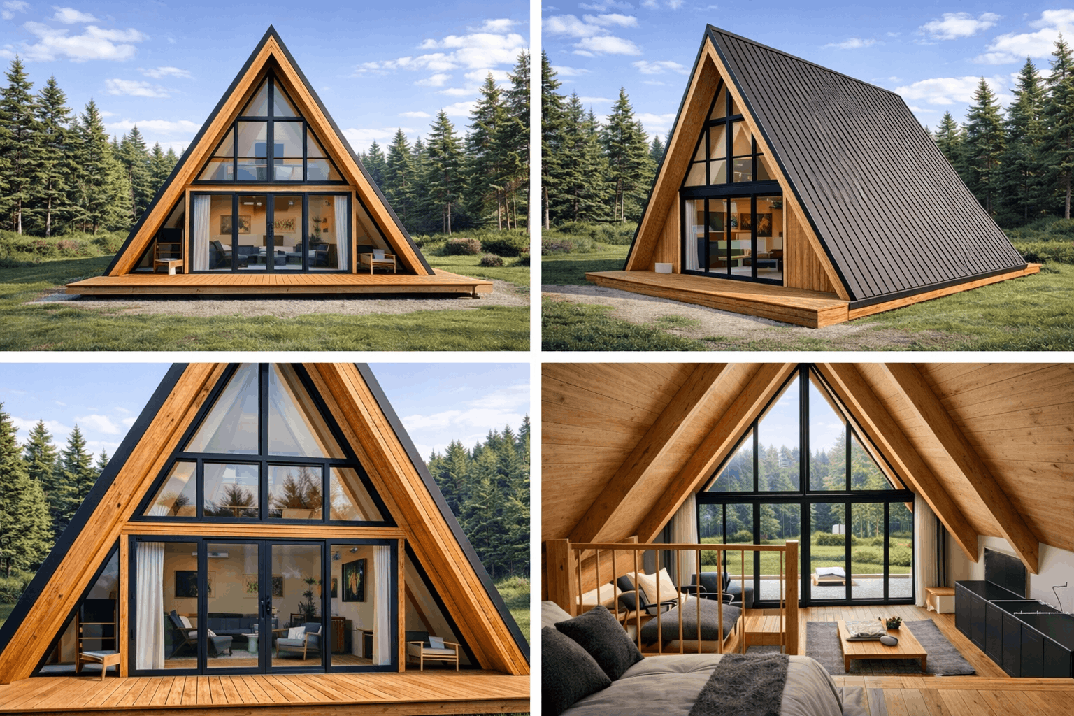 A modern A-frame cabin with large glass windows, situated in a forested area with a grassy yard. The interior features a spacious living room with large windows, wooden ceiling, and modern furniture.