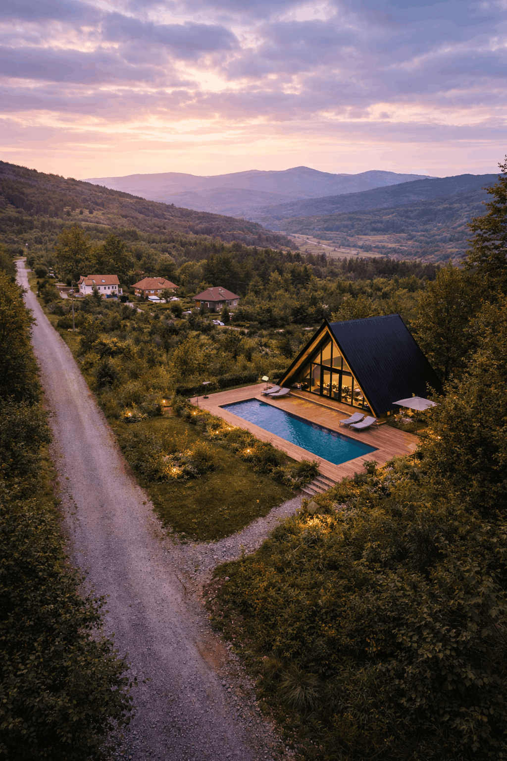 Aerial view of a modern A-frame house with a swimming pool, surrounded by trees, in a mountainous landscape during sunset.