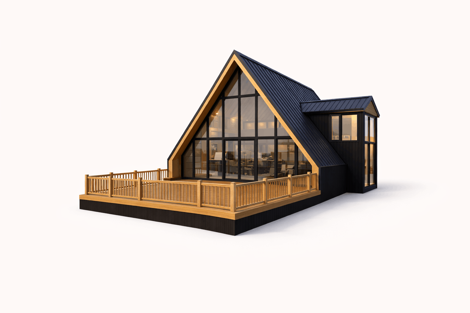 Modern house with a steep, black metal roof, large glass windows, and a wooden deck with a railing.