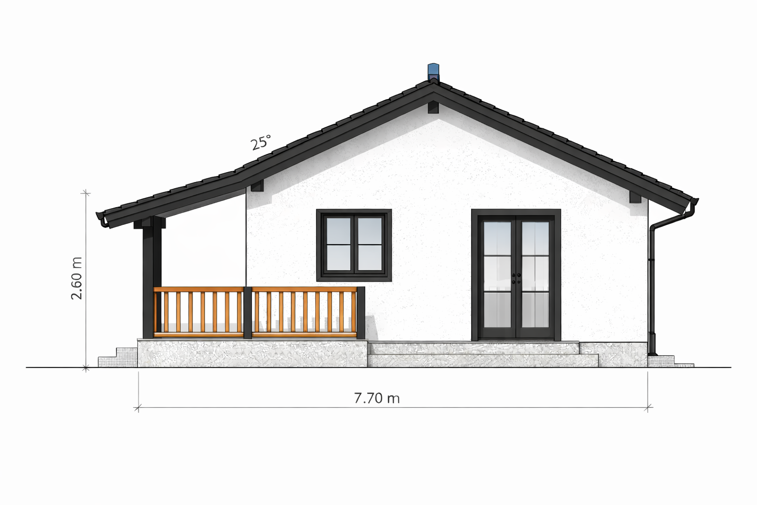 Architectural drawing of a single-story house with a gabled roof, white exterior walls, black window and door frames, a small front porch with wooden railing, and measurements indicating 7.70 meters in width and 2.60 meters in height.