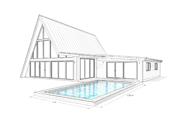 Line drawing of a modern A-frame house with a swimming pool in the foreground.