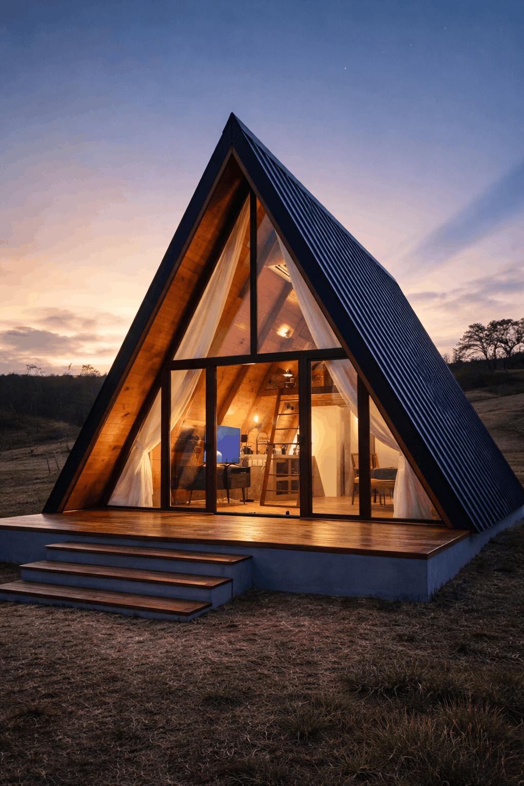 A modern A-frame cabin with glass walls, illuminated from within, situated in a rural landscape at sunset.