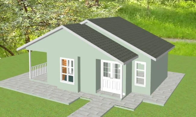 Illustration of a small, light green house with a dark gray gabled roof, surrounded by a paved walkway and grass, with trees in the background.