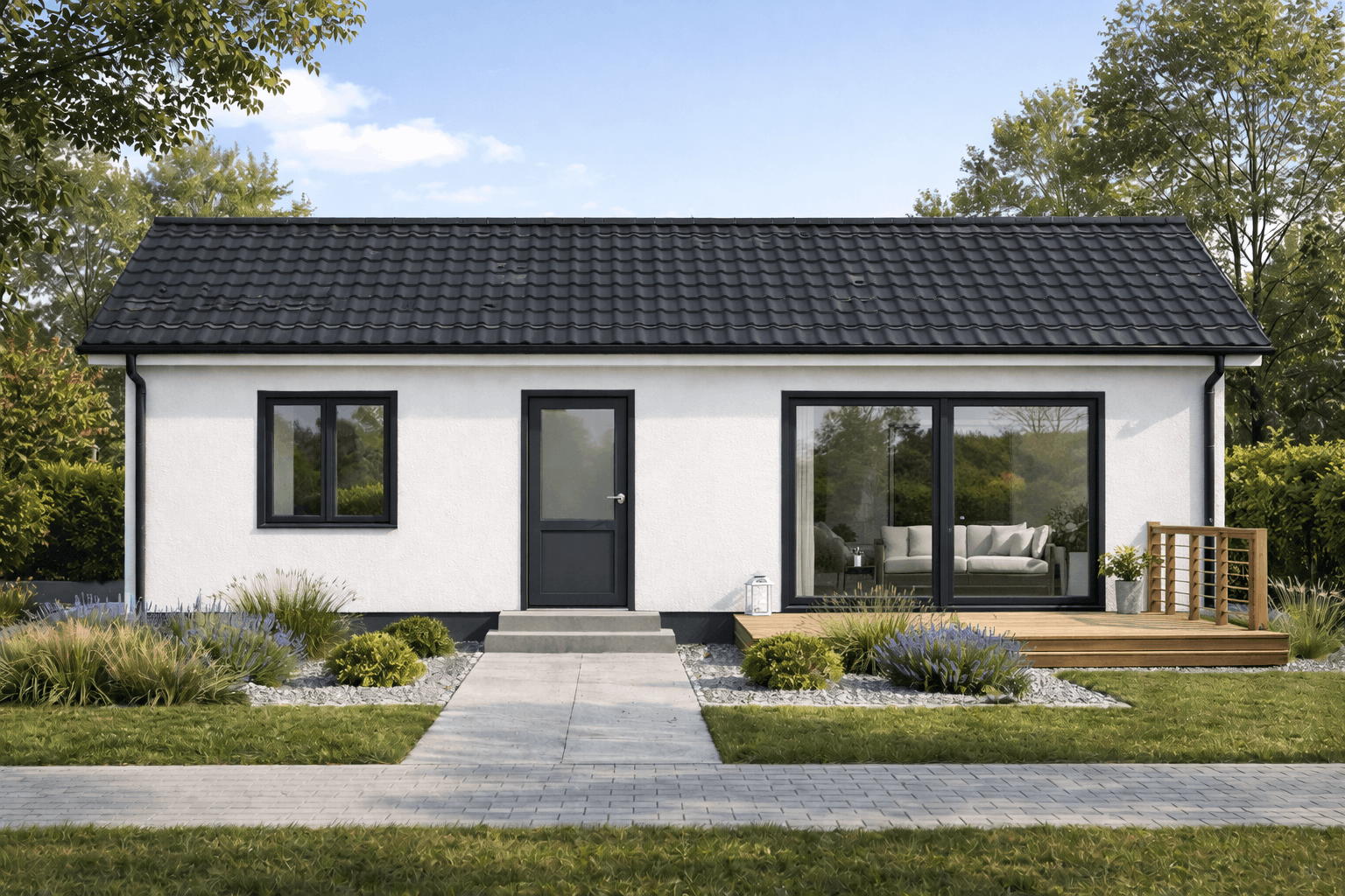 Modern white house with black roof, black-framed windows, and a sliding glass door. Front yard with walkway, plants, and small wooden deck with outdoor furniture.