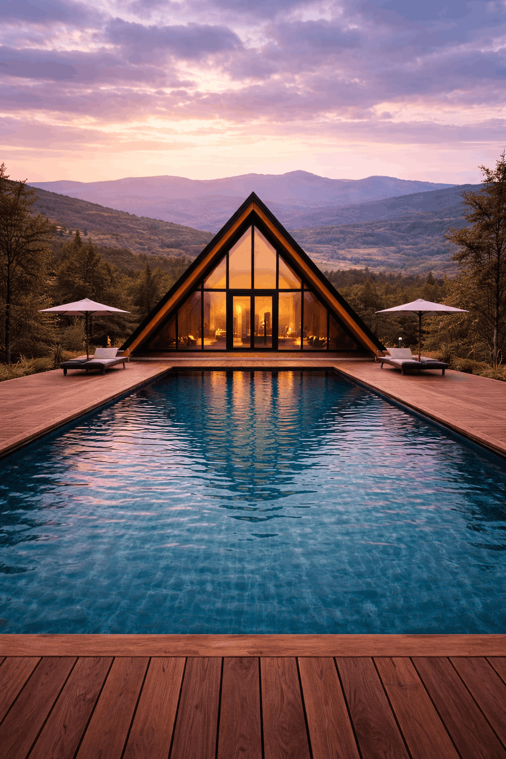 A cabin with large glass windows and a triangular roof, illuminated from inside, sitting in a mountainous landscape at sunset. There is a swimming pool in the foreground with umbrella-shaded lounge chairs on a wooden deck.