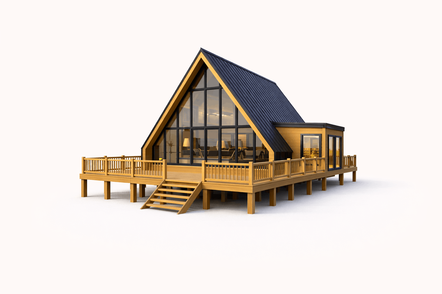 A modern A-frame house with large glass windows, a wooden deck, and stairs, set against a plain background.
