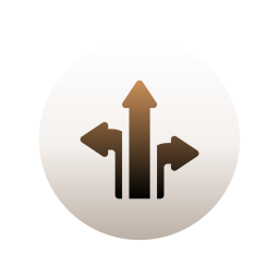 Icon with three black arrows pointing left, up, and right on a white circular background.