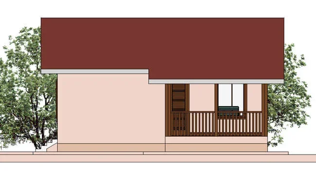 Side view of a house with a porch, red roof, beige walls, and two green trees in the background.