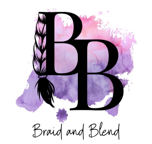 Logo with large black letters 'B B' and a purple watercolor background, featuring a black braid illustration on the left side, and the text 'Braid and Blend' underneath.