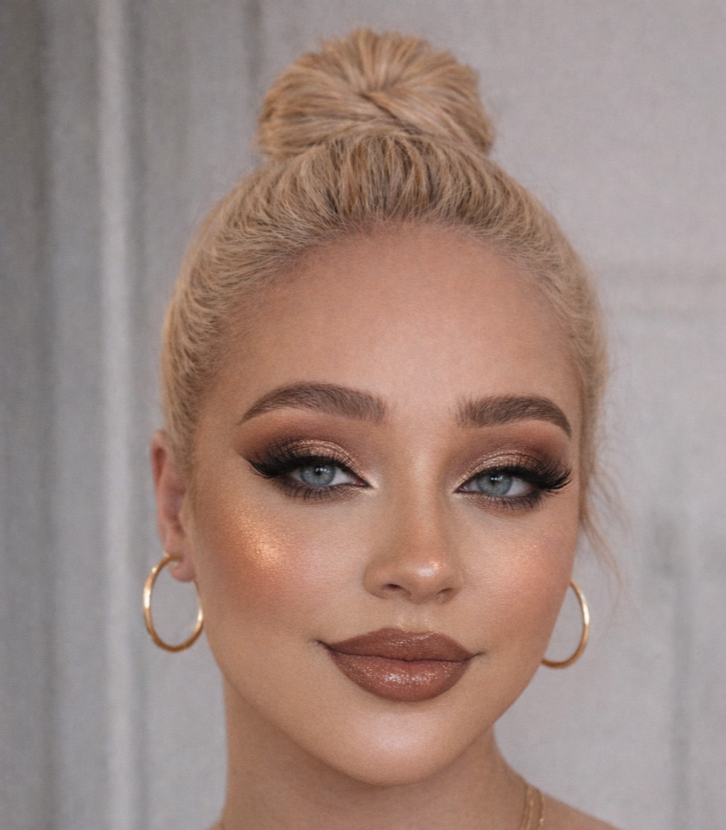 Close-up portrait of a woman with platinum blonde hair styled in a top bun, wearing gold hoop earrings, and makeup featuring bold eyeliner, gold eyeshadow, and glossy nude lipstick.