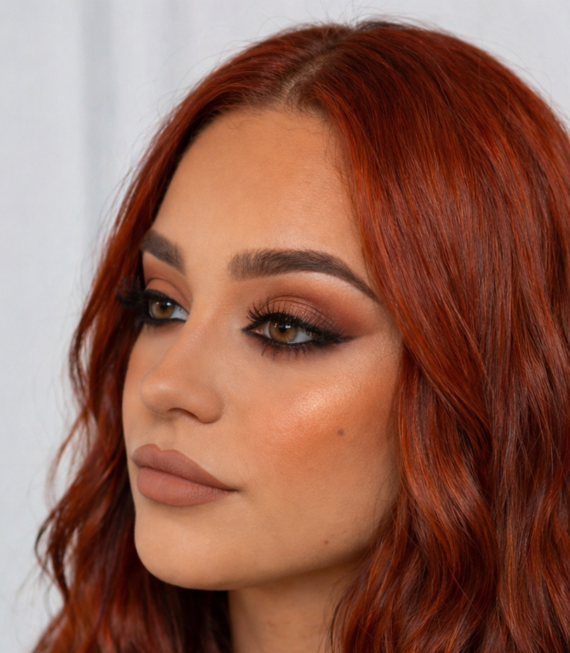 Close-up of a woman with long, wavy red hair and makeup featuring defined eyebrows, eye shadow, eyeliner, and nude lipstick.