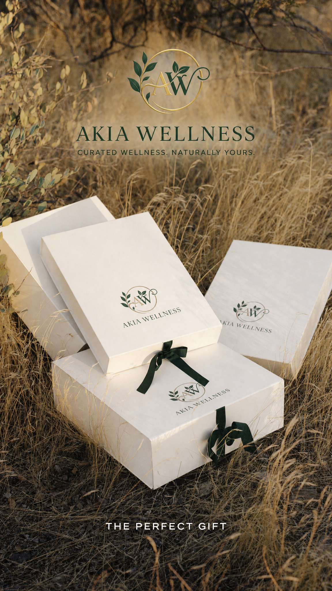 Image of white gift boxes with black ribbons and plant-drawn logos labeled 'AKIA WELLNESS' in a dry grassy outdoor setting with the phrase 'THE PERFECT GIFT' at the bottom.
