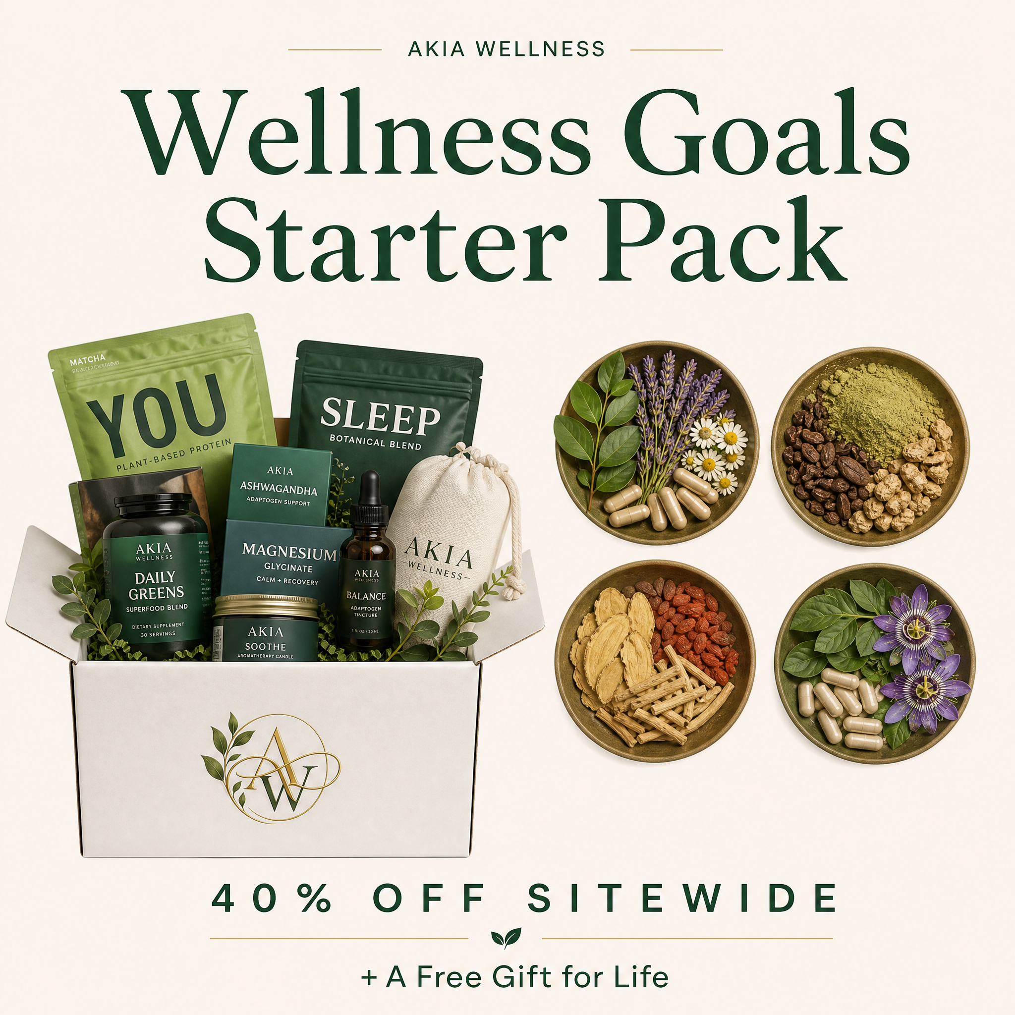 A promotional image featuring wellness products and herbs, offering 40% off sitewide with an additional free gift for life.