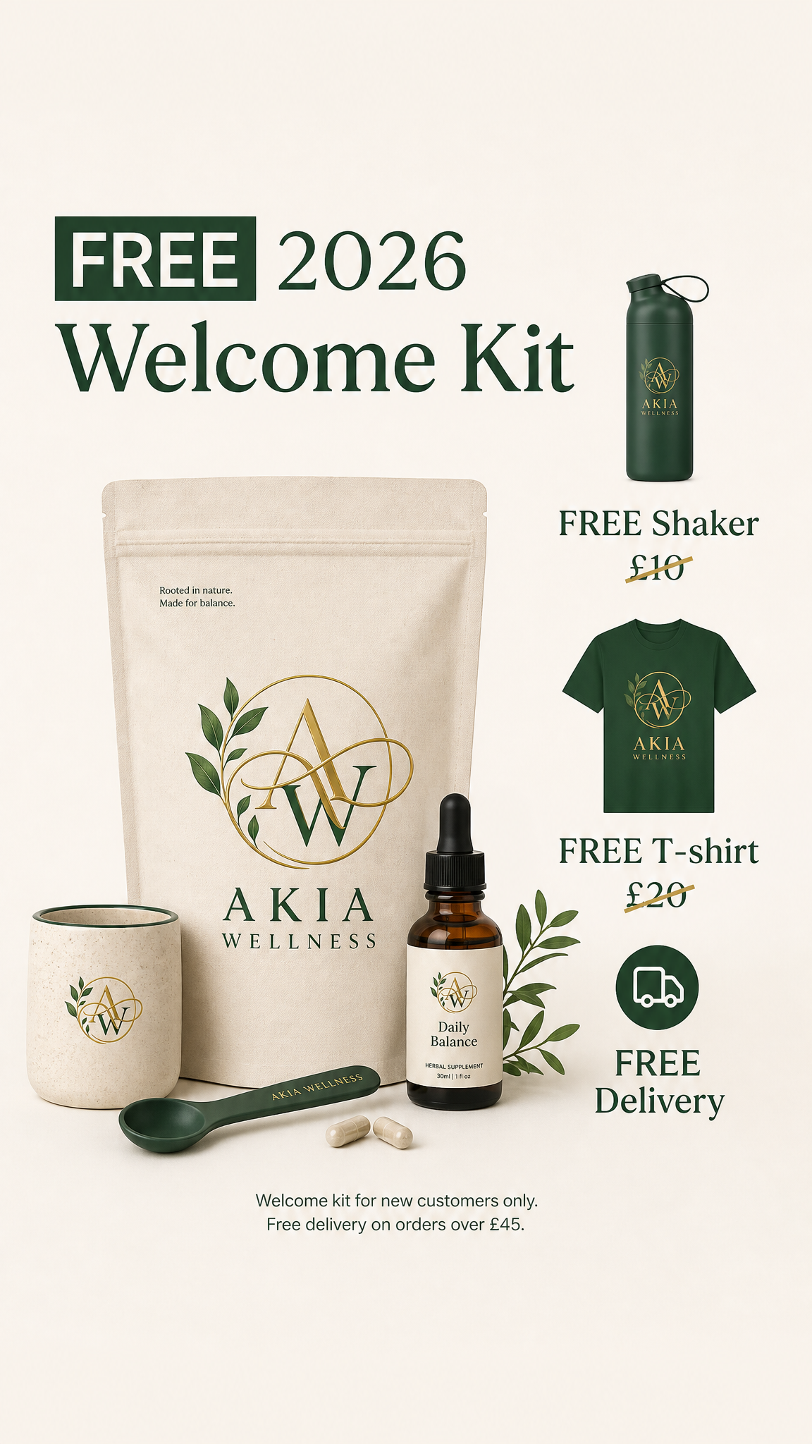 Advertisement for a free 2026 welcome kit from AKIA Wellness, including a tumbler, t-shirt, mug, herbal supplement, spoon, and capsules, with free delivery on orders over £45.