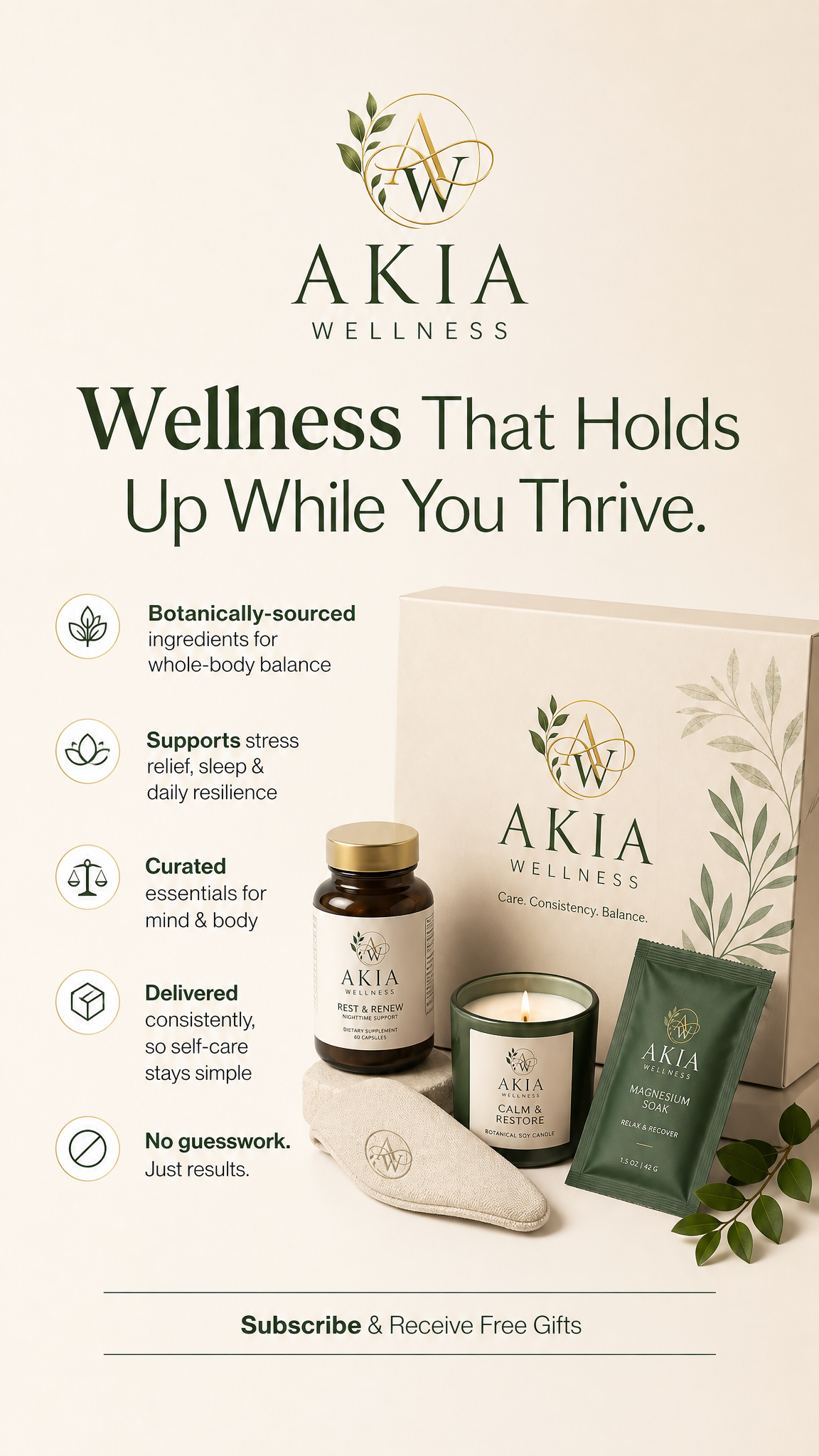 Poster for Akia Wellness promotes natural, holistic wellness products including supplements, candles, and bath items with a focus on balance, stress relief, and self-care.