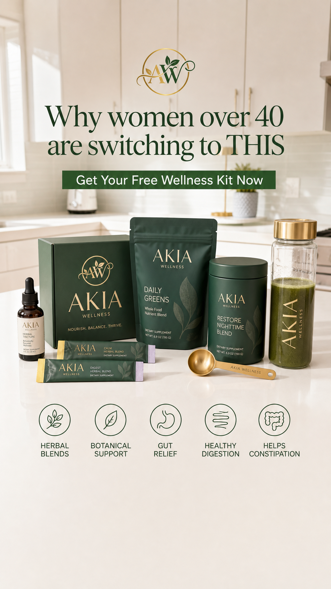 Various AKIA Wellness herbal and nutritional supplement products on a white kitchen countertop, with text promoting wellness for women over 40 and icons illustrating health benefits