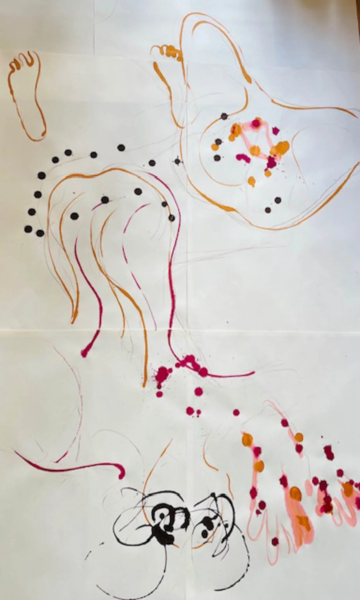 Abstract colorful drawing on paper featuring squiggly lines, dots, and splashes of colors like black, pink, orange, and red.