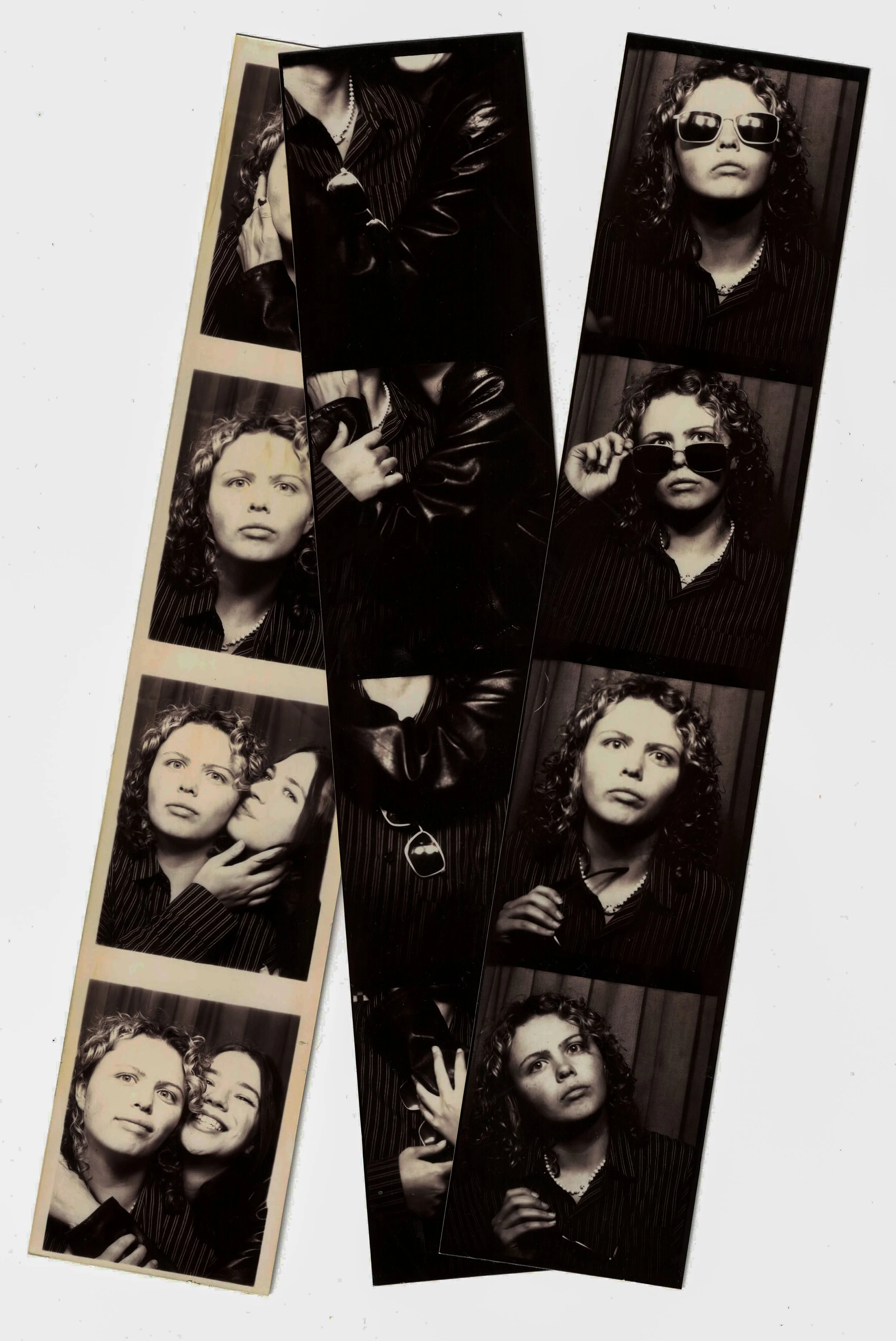 Photobooth strips showing a person posing across multiple black and white frames.