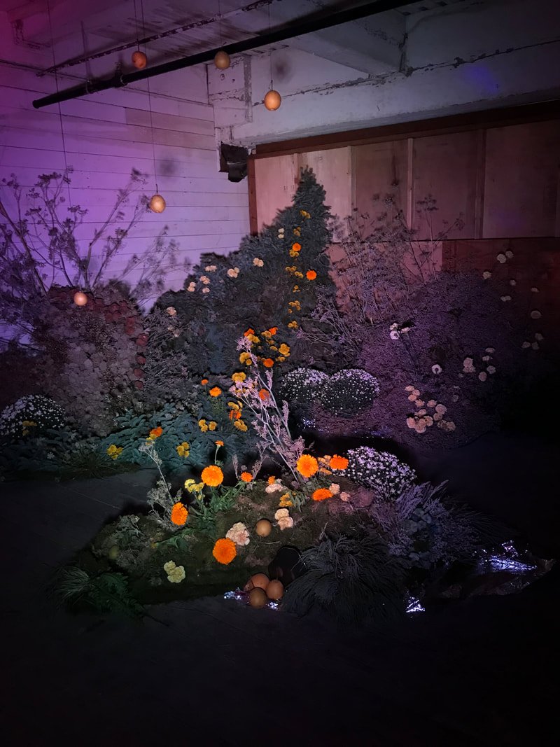 Indoor floral display with various flowers and Christmas ornaments, under purple and pink lighting.