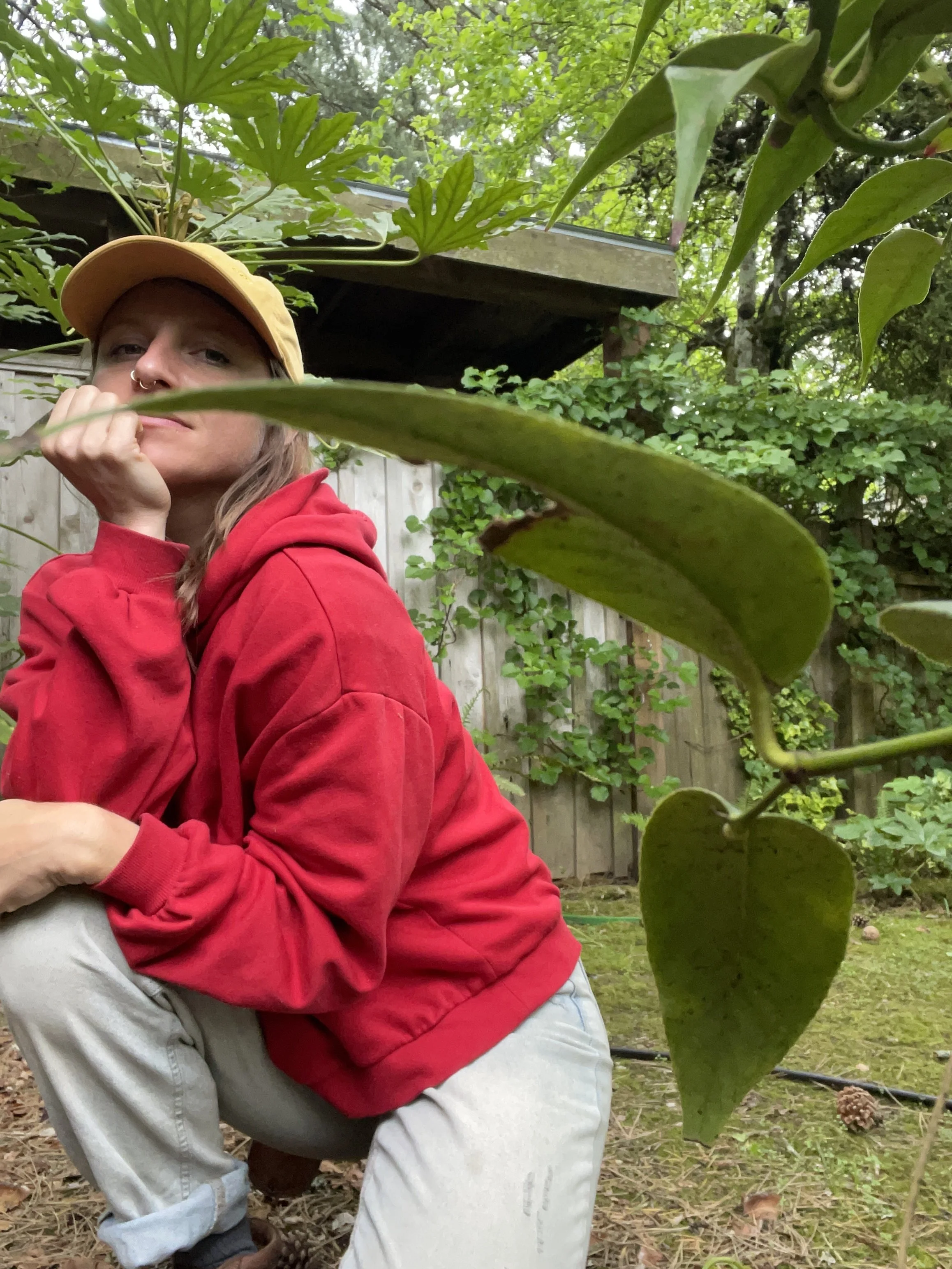 A person with long hair, wearing a yellow cap, red hoodie, and light-colored pants, leaning on their hand, sitting outdoors surrounded by green plants and trees, with a wooden fence in the background.