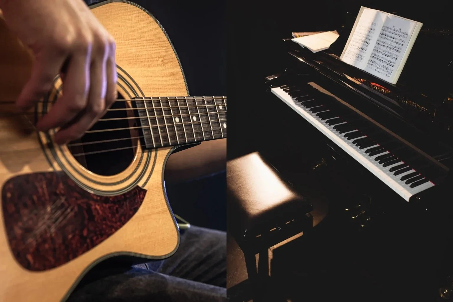 Image showing a person playing an acoustic guitar on the left side and a black grand piano with sheet music on the right side.