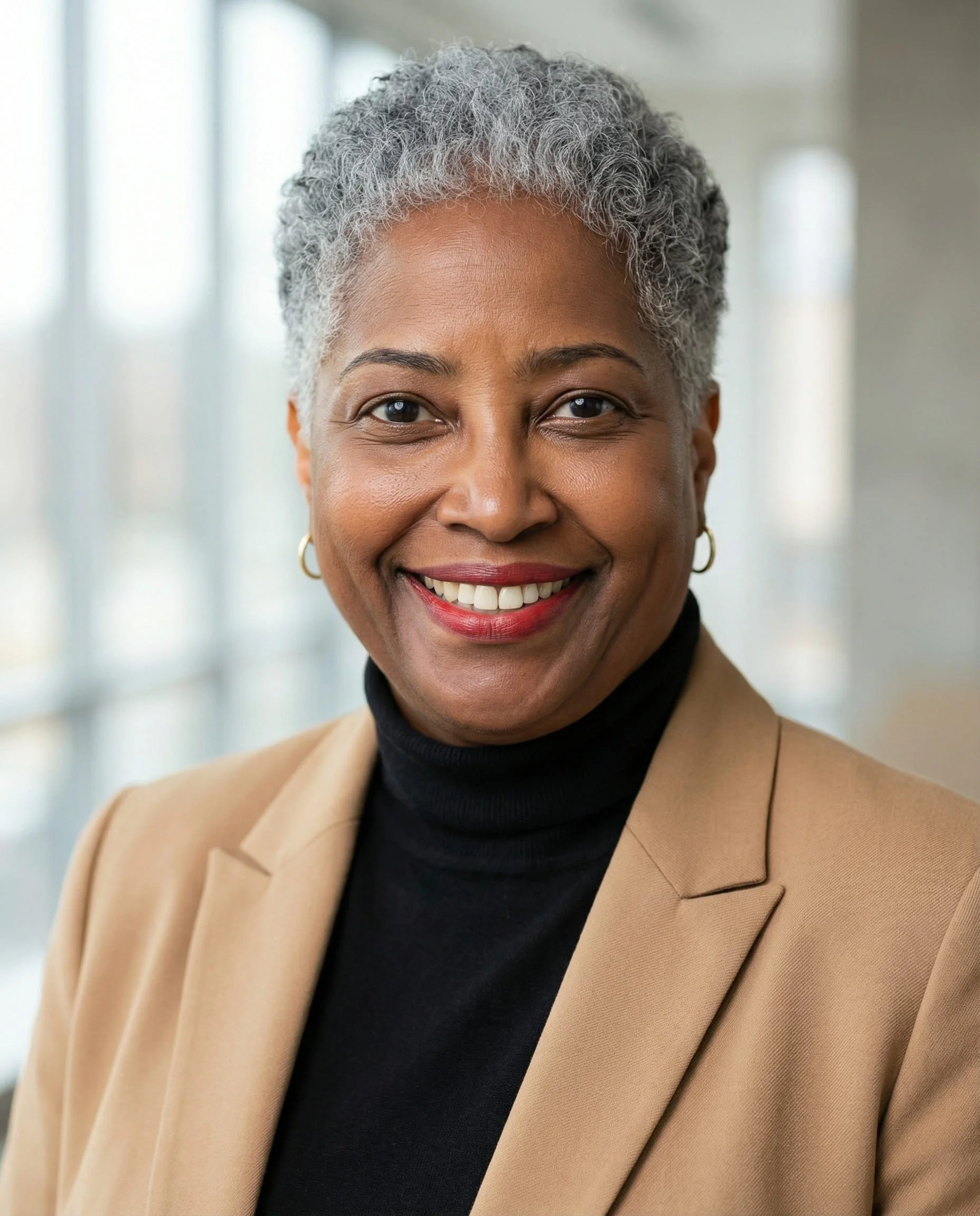 A smiling mature woman with short gray hair, wearing a beige blazer over a black turtleneck, standing in a bright indoor setting.