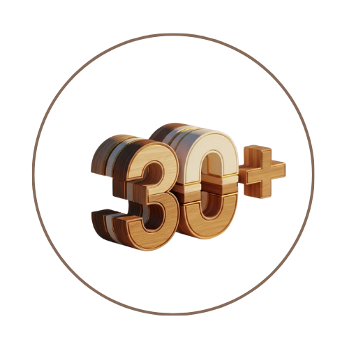 Wooden numbers and a plus sign forming '30+' symbol on a white circular background.