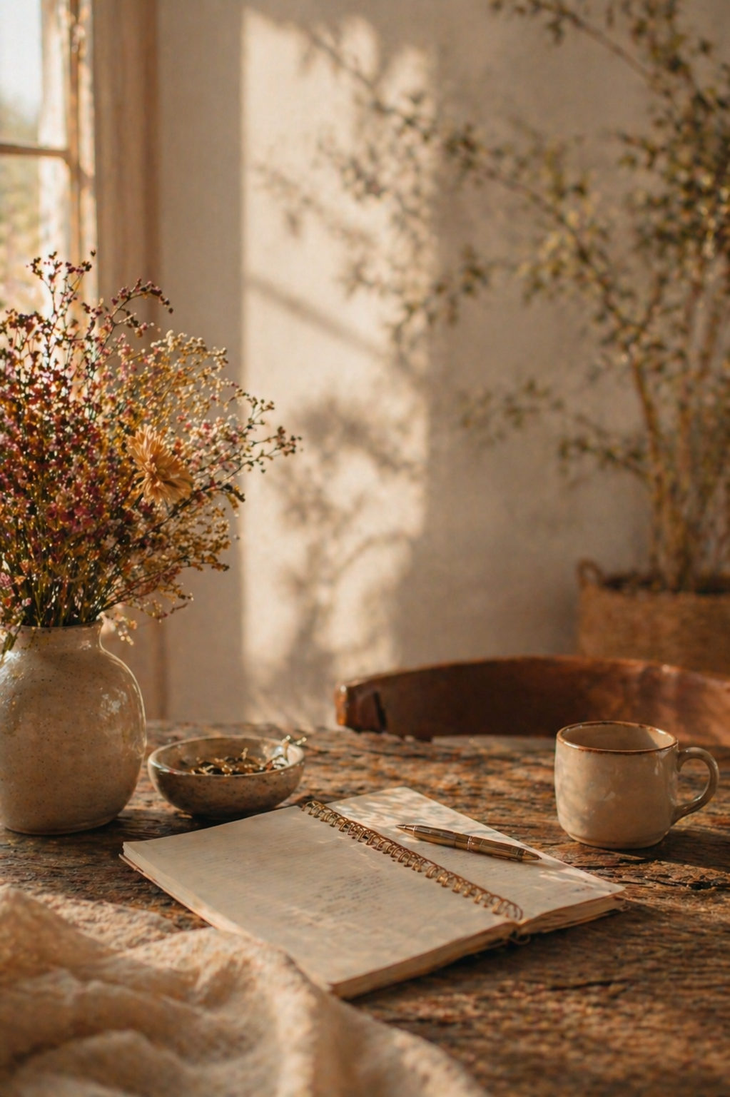 A cozy interior scene with a vase of mixed wildflowers, an open spiral notebook with writing, a gold pen, a ceramic mug, and a small bowl of nuts on a speckled table. Sunlight casts shadows of tree branches on the wall and table.