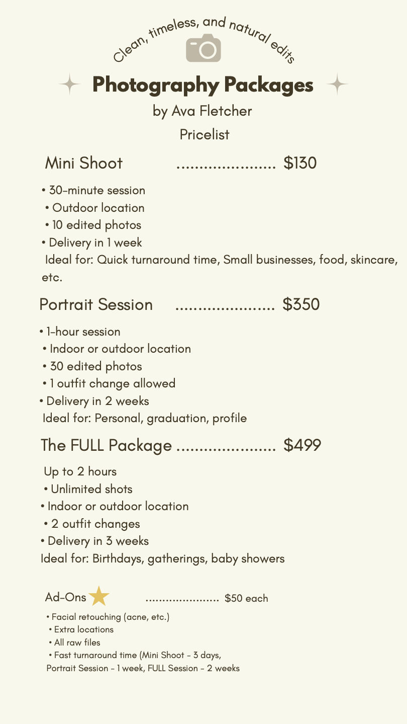 Photography packages price list with options for mini shoot, portrait session, full package, and add-ons, including prices and details.