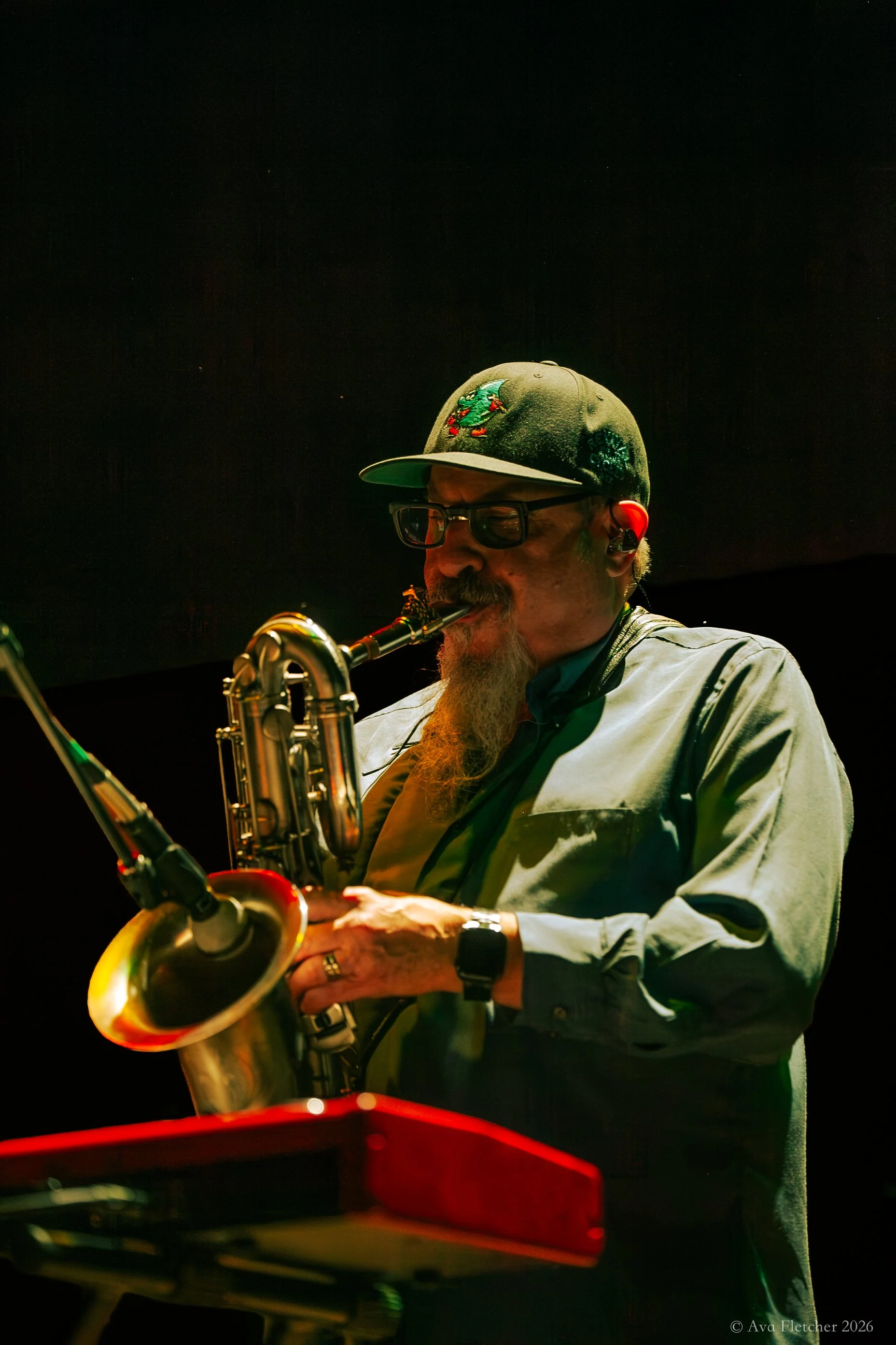 Steve Berlin from the band "Los Lobos" performs and plays the saxophone on stage in Port Townsend, WA, on September 28th. Port Townsend Film Festival