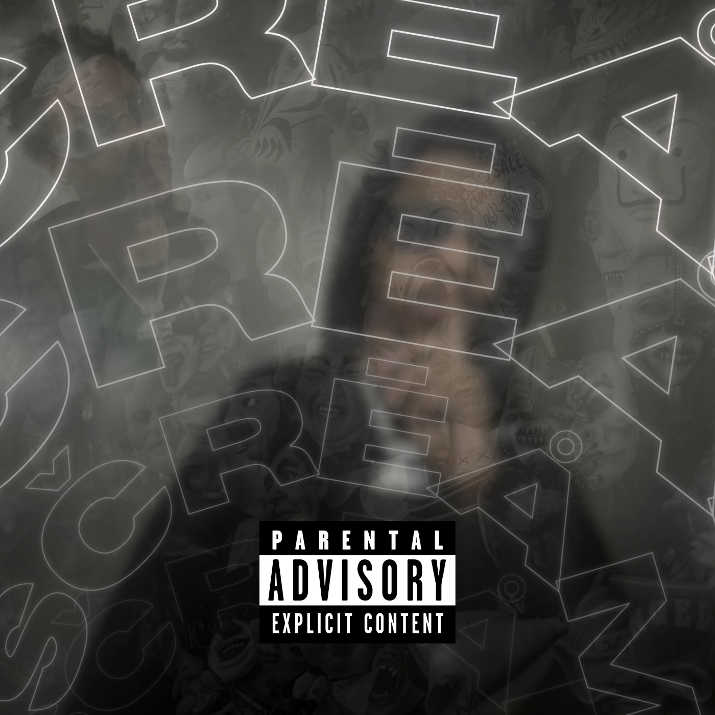 A person standing behind a glass wall with neon-like outlines of the word 'FREE' and various cartoon masks and drawings in the background. There is a parental advisory label at the bottom.