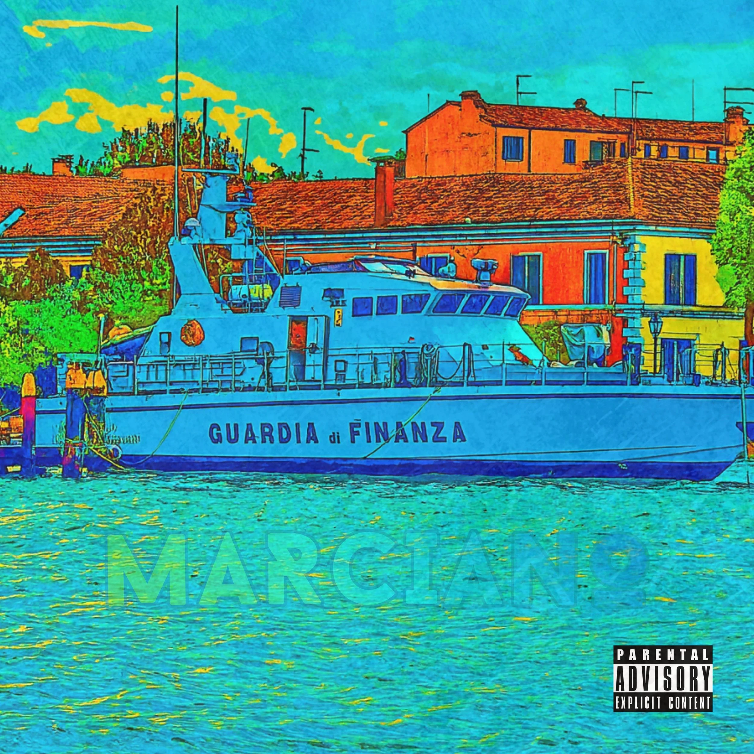 Color-enhanced image of a navy ship labeled Guardia di Finanza docked at a harbor, with buildings and trees in the background and water in the foreground.