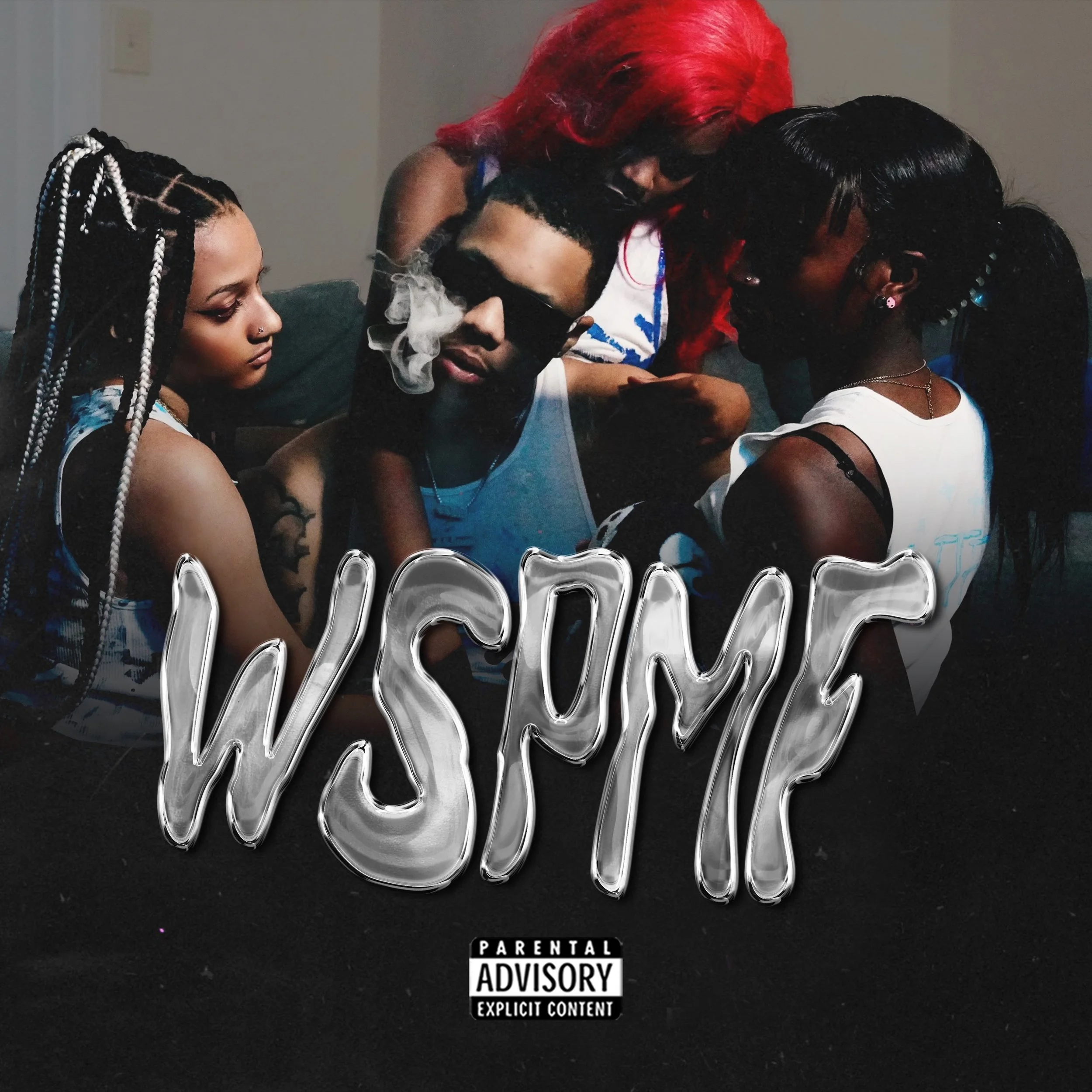 Group of four young people, three women and one man, sitting closely together at a party or gathering. The man is wearing sunglasses and smoking; he is in a white tank top. The women have various hairstyles, including braids, and are wearing casual attire. The word 'WISOME' appears in large, reflective silver letters in the foreground, with a parental advisory label at the bottom.