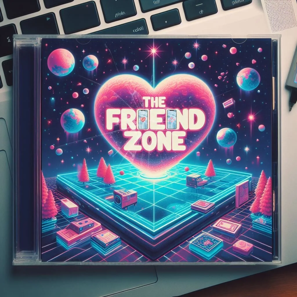 A fantasy-themed album cover with a neon heart at the center, labeled "The Friend Zone," floating over a glowing digital terrain with trees and scattered objects, set against a starry space background with planets.