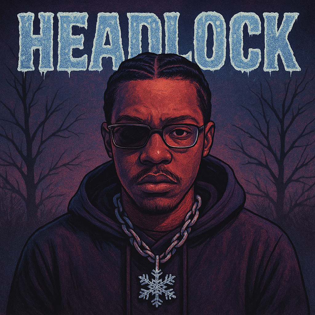 Digital illustration of a man with braided hair, wearing glasses over an eye patch and a heavy chain with a snowflake pendant, standing in front of leafless trees at night with the word "Headlock" in icy letters above him.
