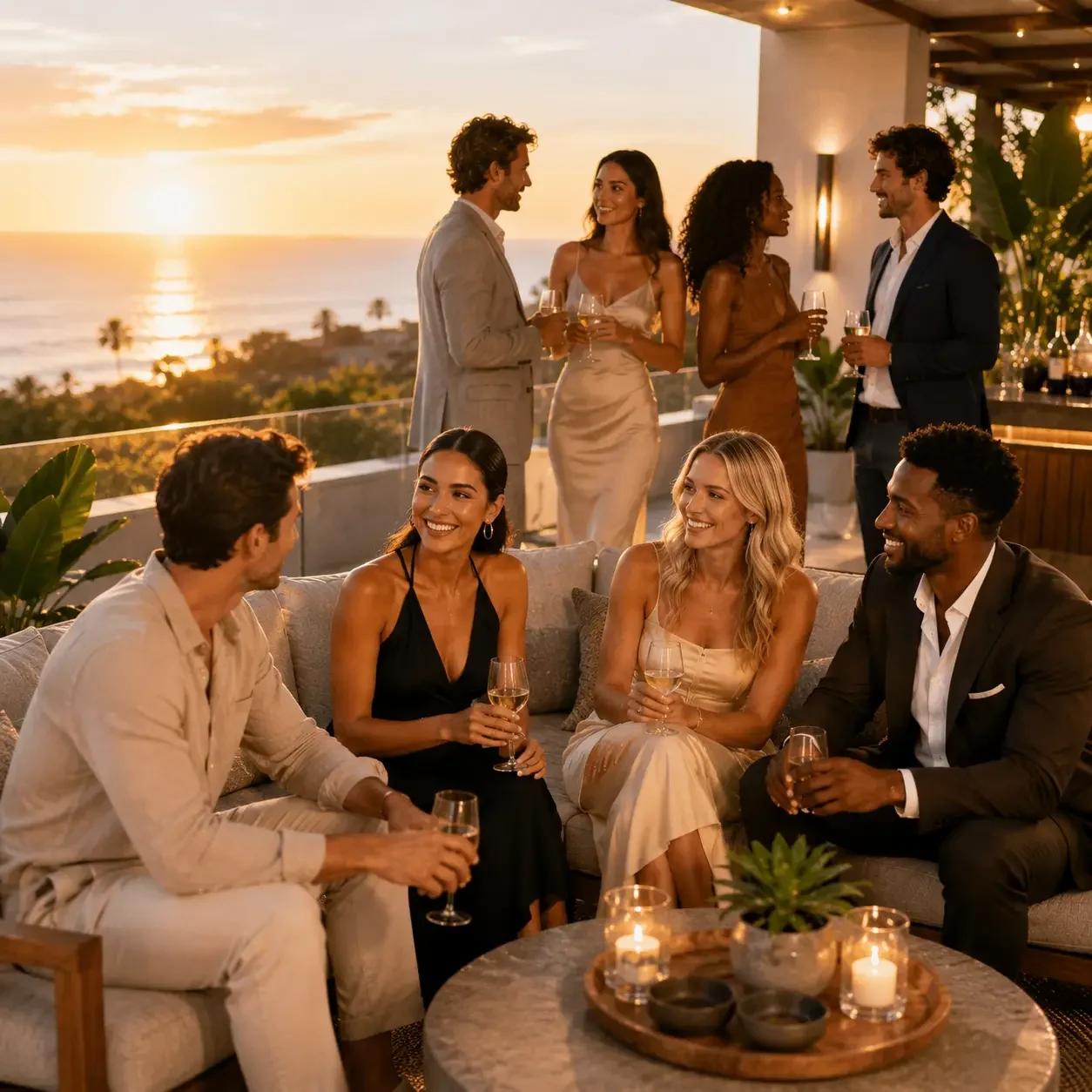 Group of friends at a sunset rooftop party, sitting on a sofa and standing nearby, holding wine glasses, enjoying conversation and smiling.