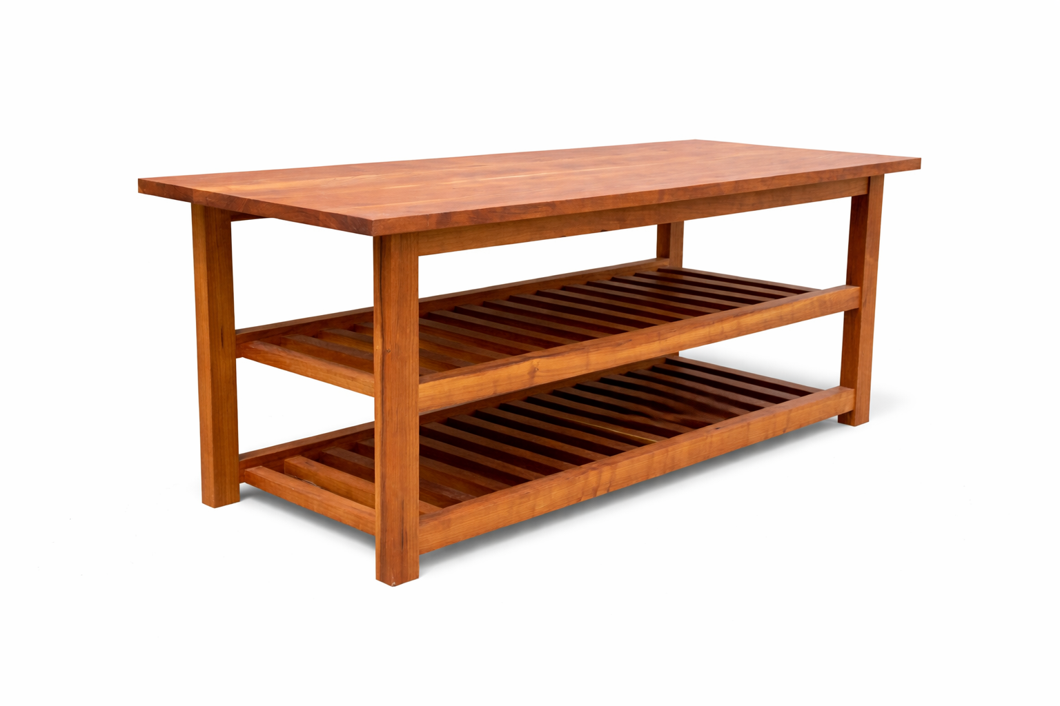 Warm wood console table against white wall.png